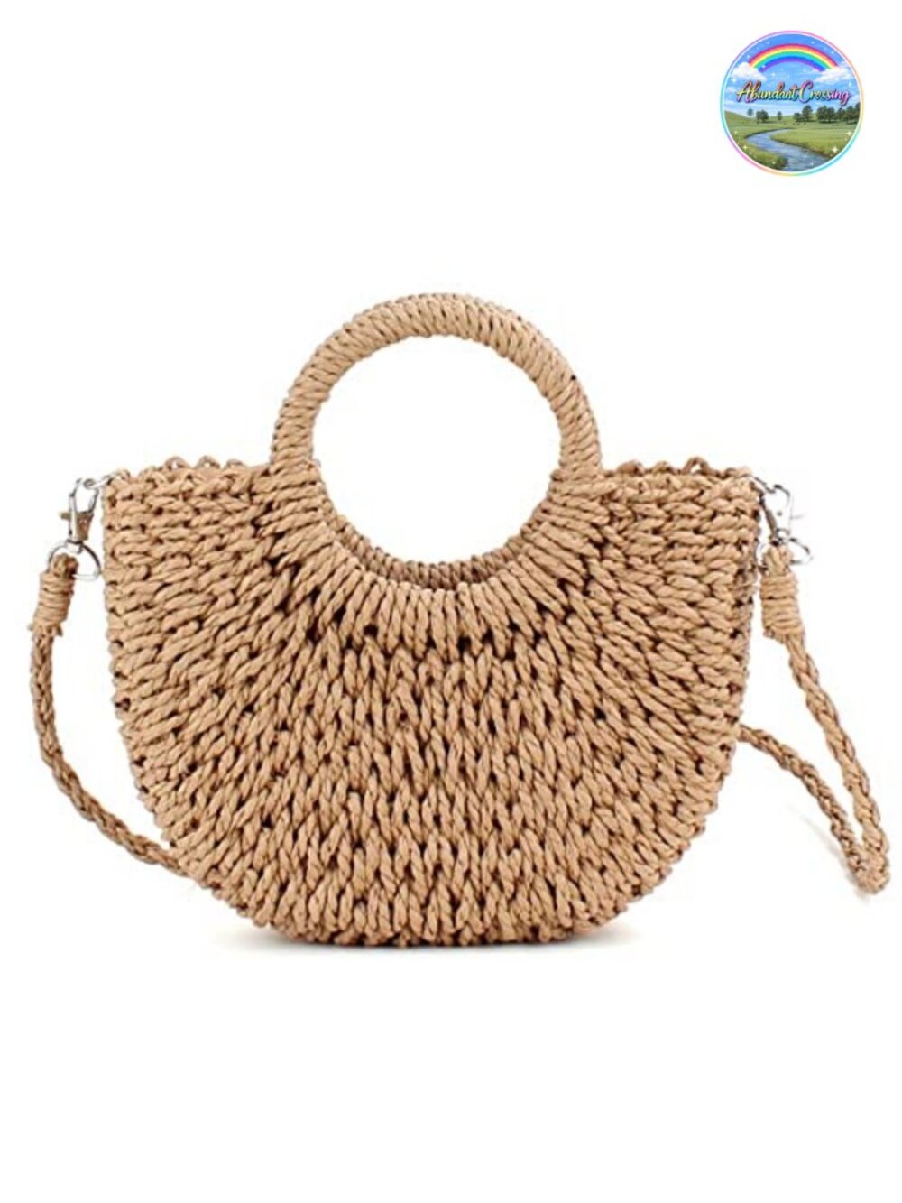 Handwoven Rattan Straw Tote Bag - Semi Circle Summer Beach Shoulder Bag